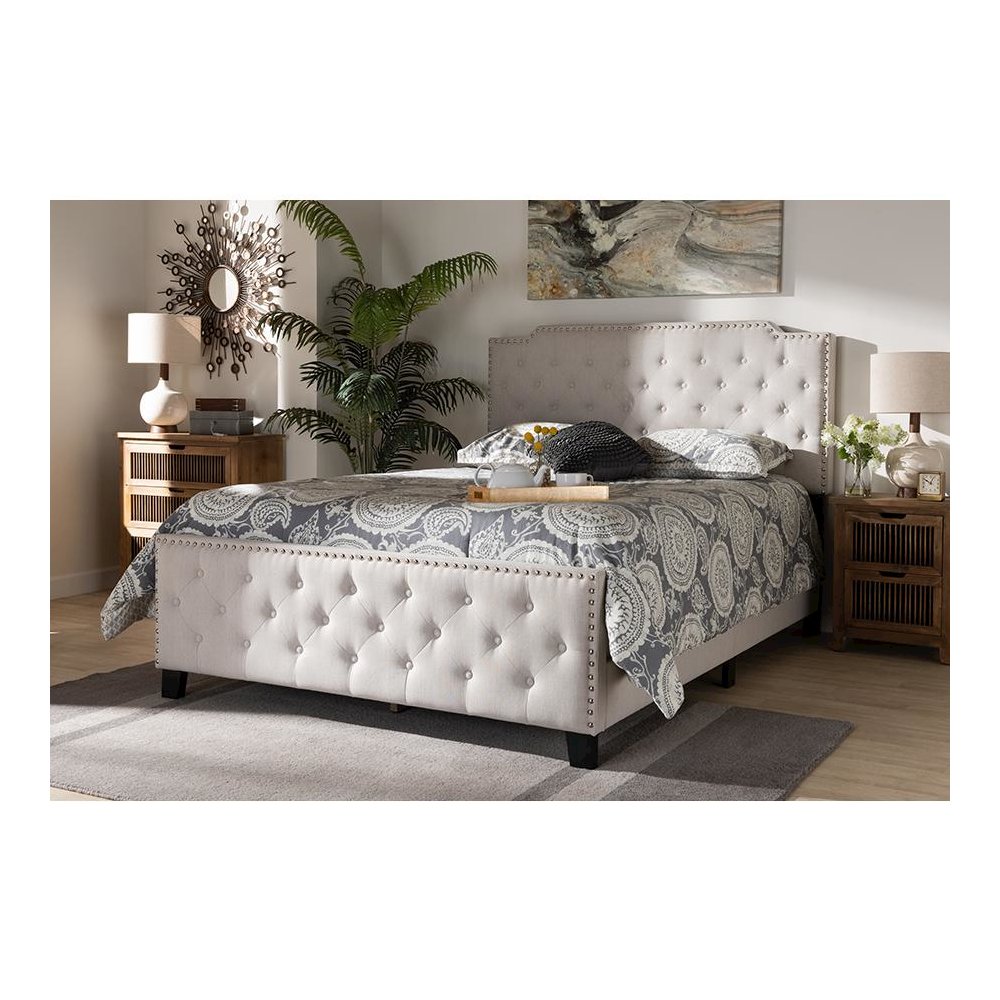 Transitional Beige Fabric Upholstered Button Tufted King Size Panel Bed. Picture 21