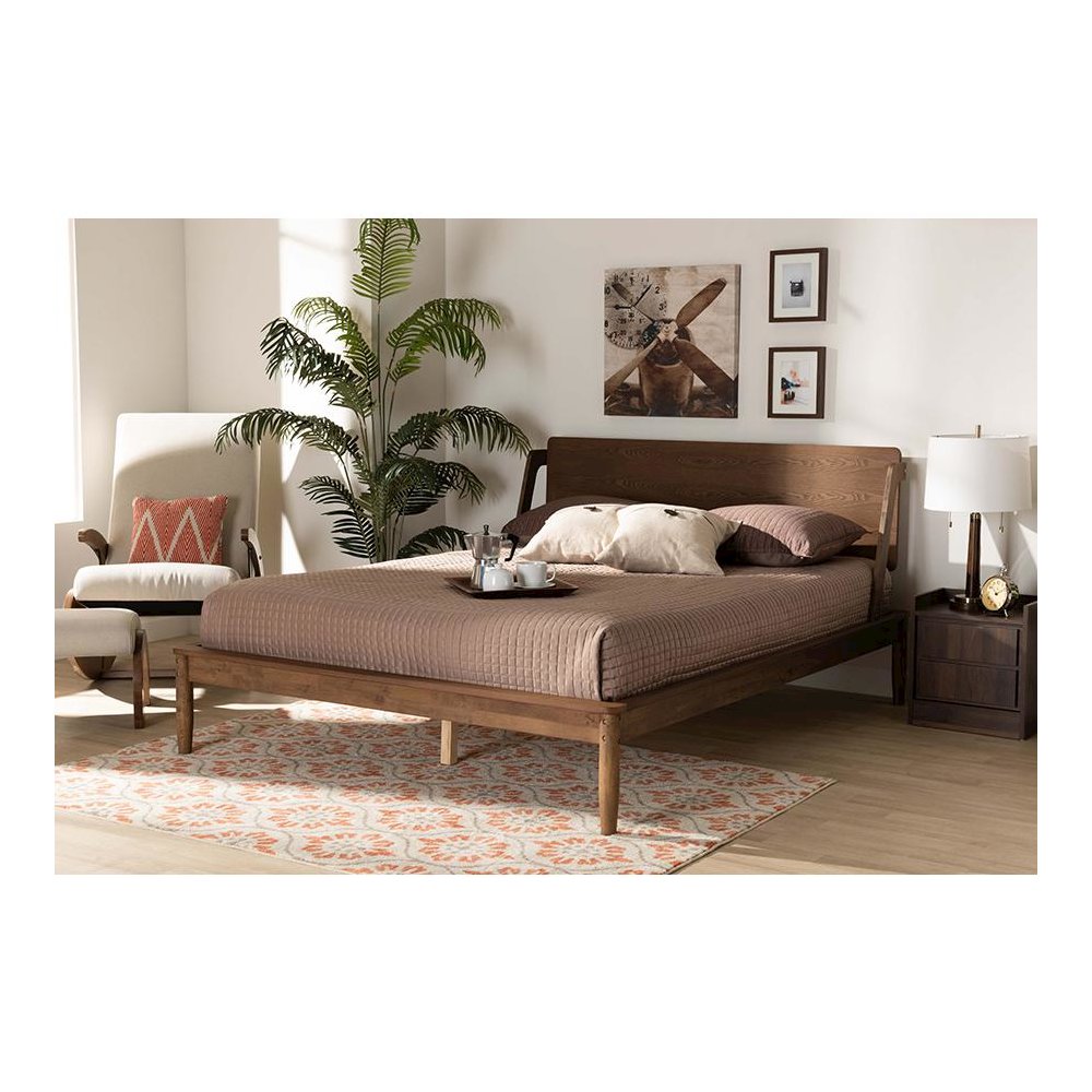 Sadler Mid-Century Modern Ash Walnut Brown Finished Wood King Size Platform Bed. Picture 21