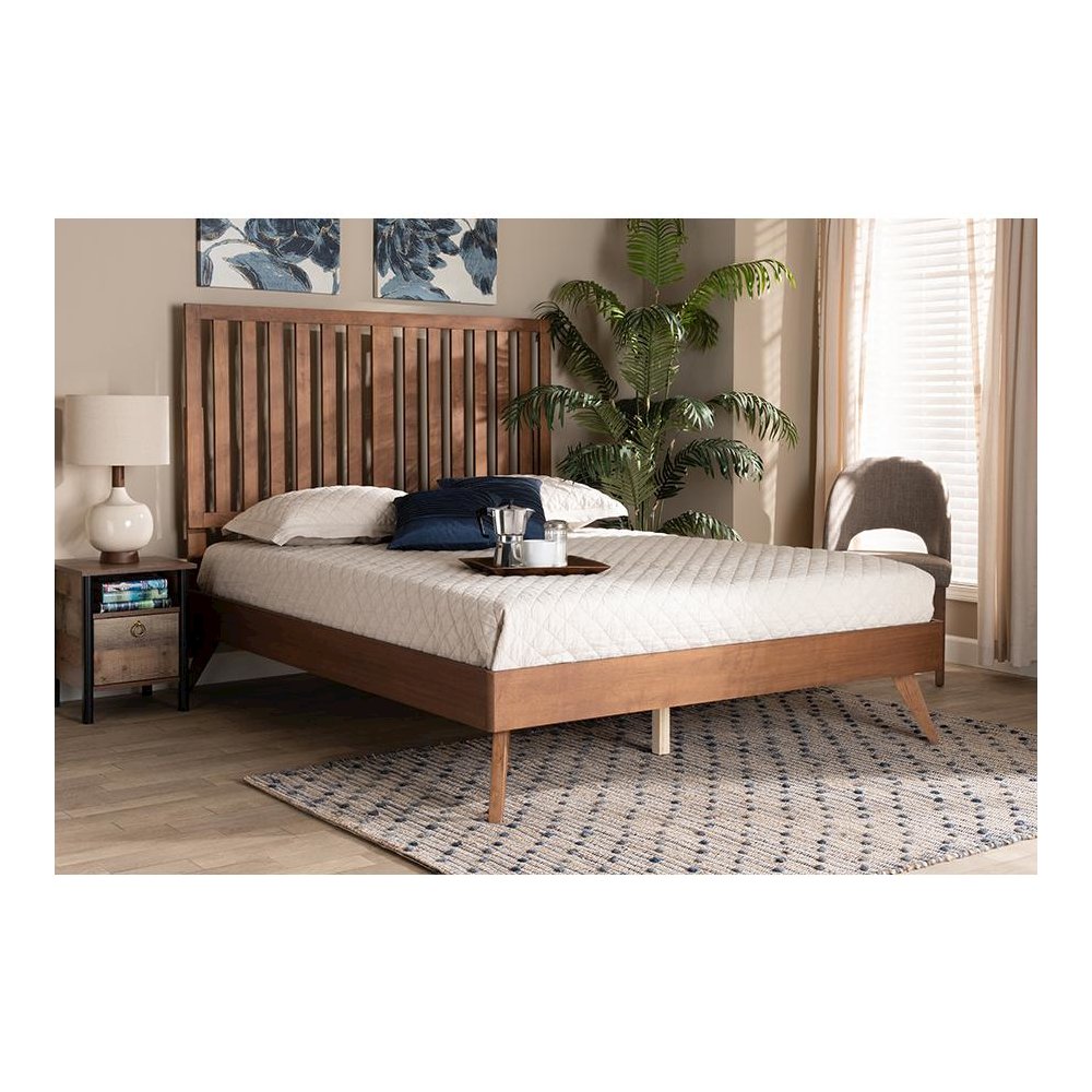 Saki Mid-Century Modern Walnut Brown Finished Wood King Size Platform Bed. Picture 23