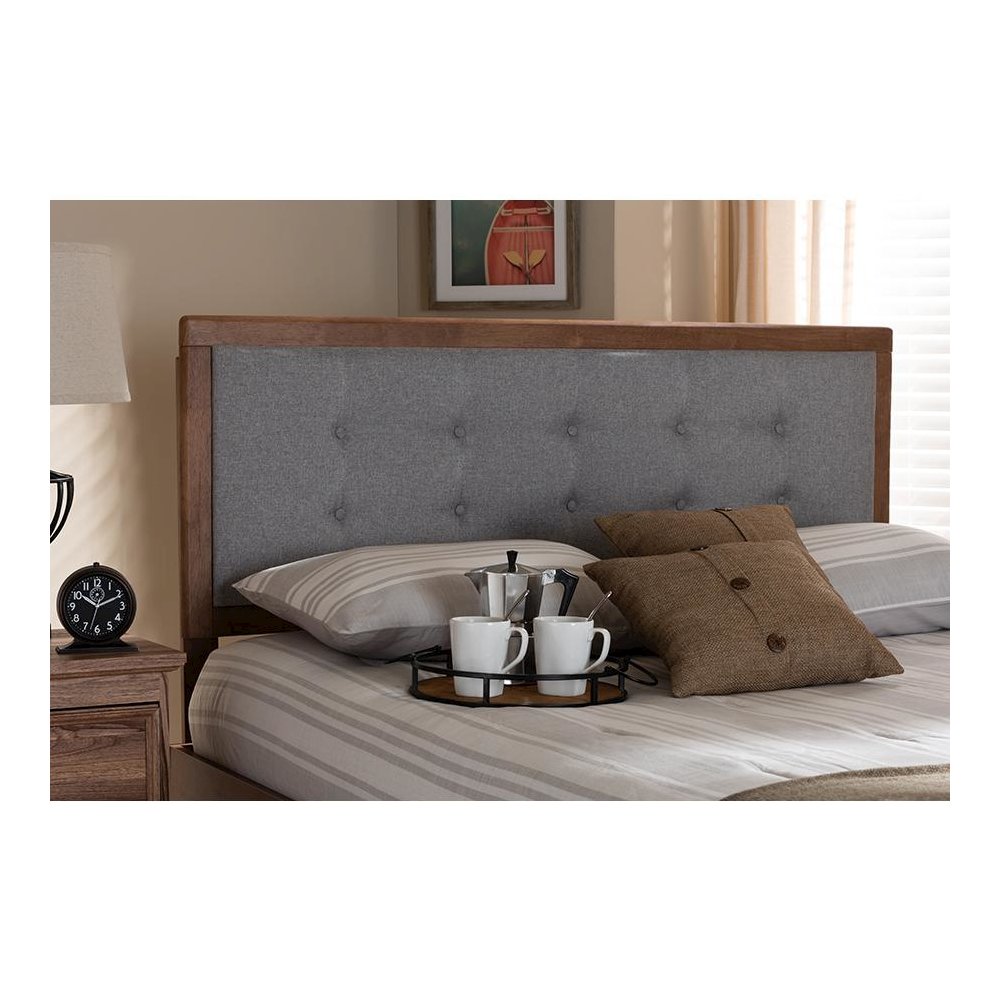 Light Grey Fabric Upholstered Walnut Brown Finished Wood King Size Headboard. Picture 4