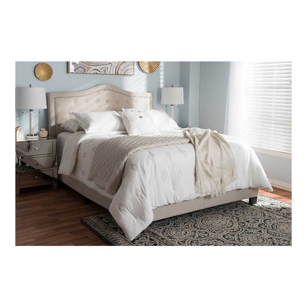 Emerson Modern and Contemporary Light Beige Fabric Upholstered King Size Bed. Picture 17
