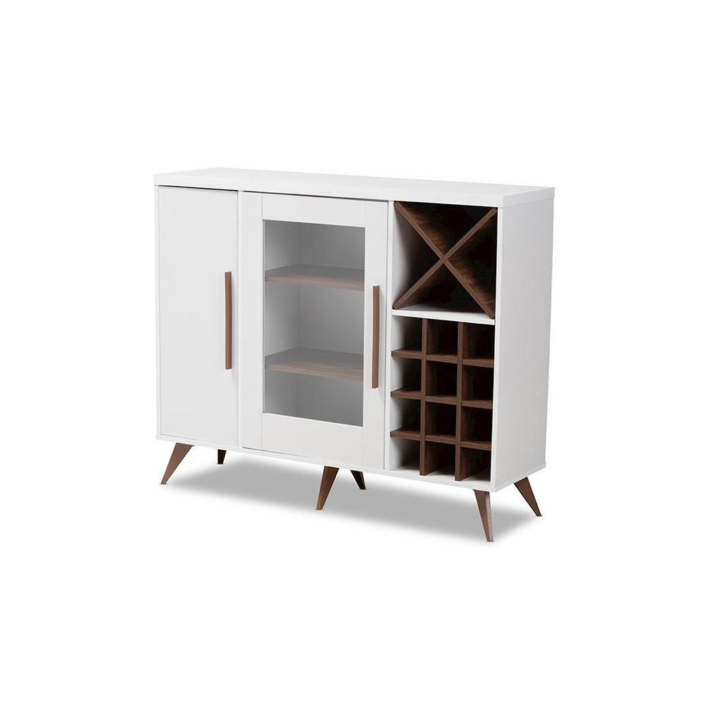 Baxton Studio Pietro Mid-Century Modern White and Brown Finished Wine Cabinet. Picture 1