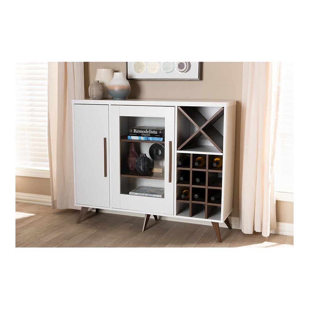 Baxton Studio Pietro Mid-Century Modern White and Brown Finished Wine Cabinet. Picture 7