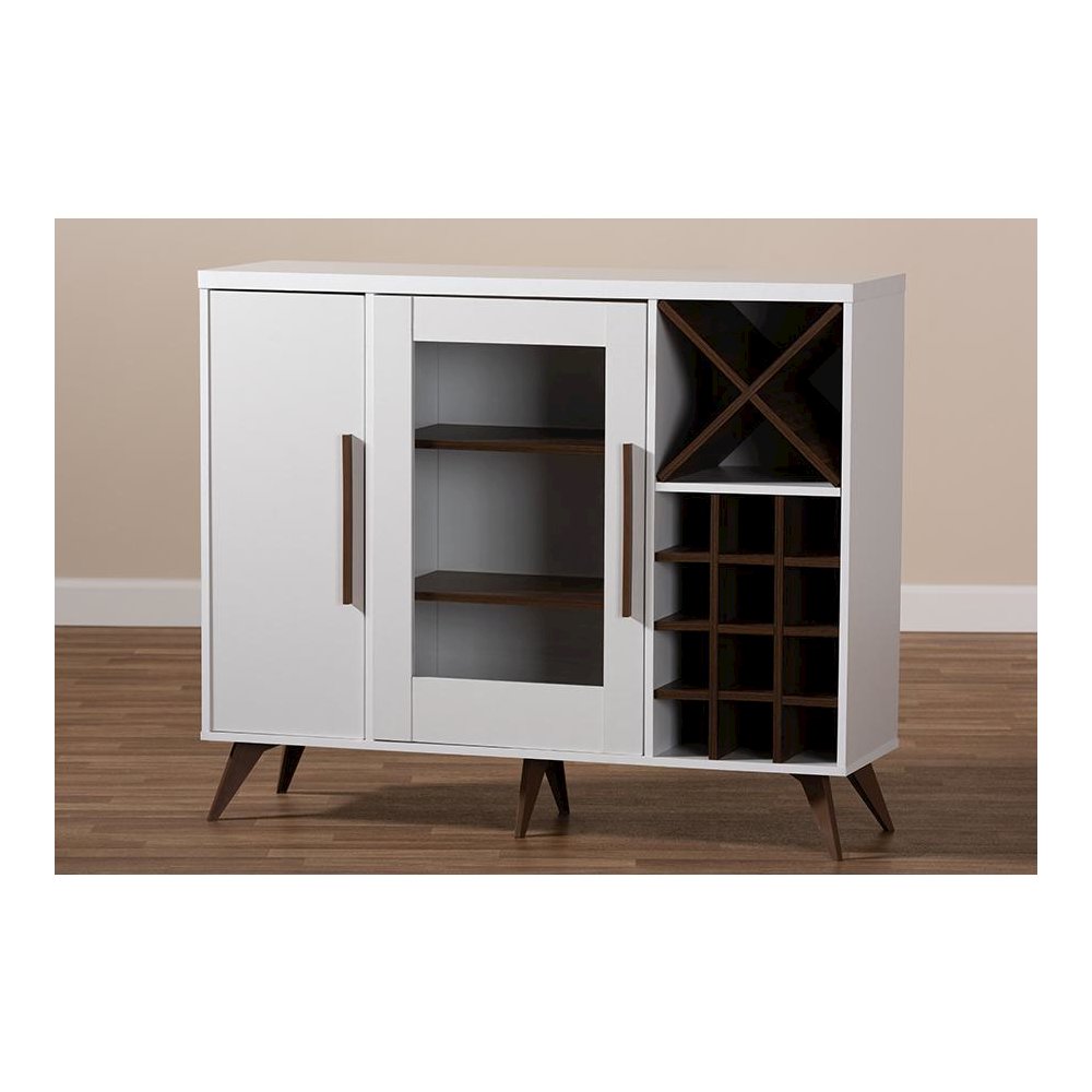 Baxton Studio Pietro Mid-Century Modern White and Brown Finished Wine Cabinet. Picture 8