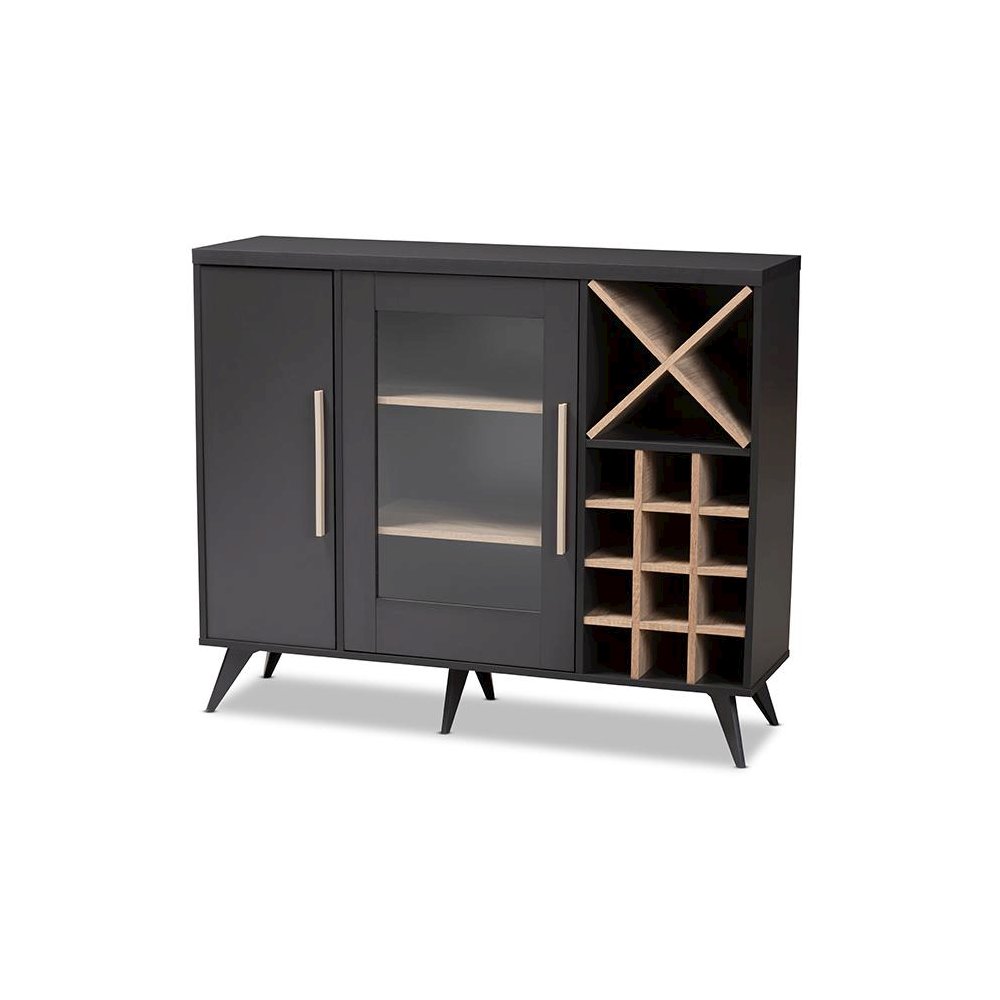 Baxton Studio Pietro Mid-Century Modern Dark Grey and Oak Finished Wine Cabinet. Picture 1