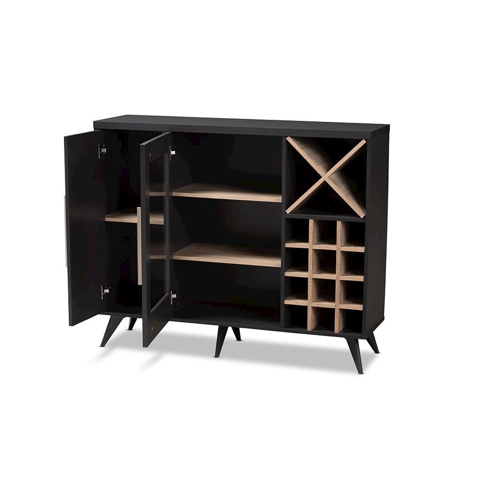 Baxton Studio Pietro Mid-Century Modern Dark Grey and Oak Finished Wine Cabinet. Picture 2
