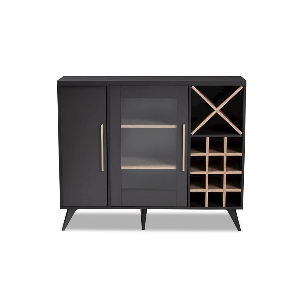 Baxton Studio Pietro Mid-Century Modern Dark Grey and Oak Finished Wine Cabinet. Picture 3