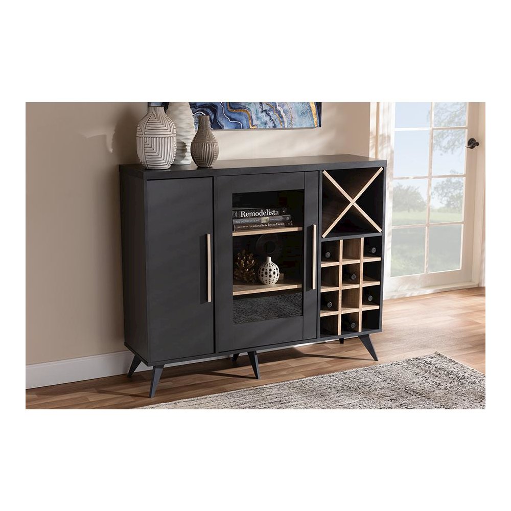 Baxton Studio Pietro Mid-Century Modern Dark Grey and Oak Finished Wine Cabinet. Picture 7