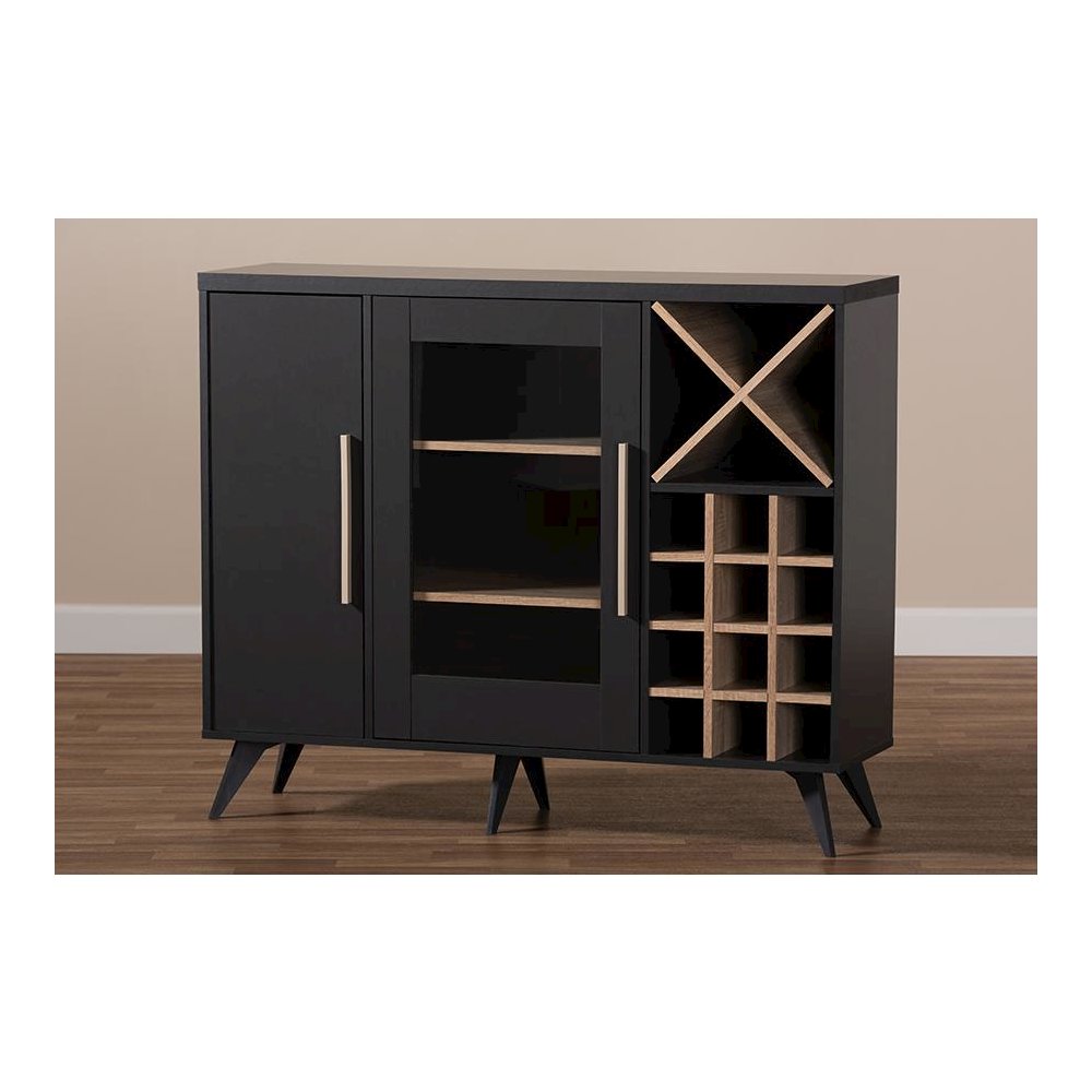 Baxton Studio Pietro Mid-Century Modern Dark Grey and Oak Finished Wine Cabinet. Picture 8