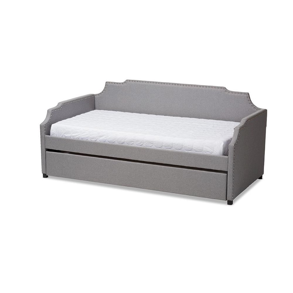 Grey Fabric Upholstered Twin Size Sofa Daybed with Roll Out Trundle Guest Bed. Picture 1