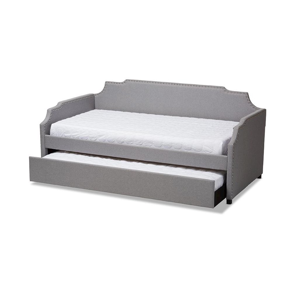 Grey Fabric Upholstered Twin Size Sofa Daybed with Roll Out Trundle Guest Bed. Picture 2
