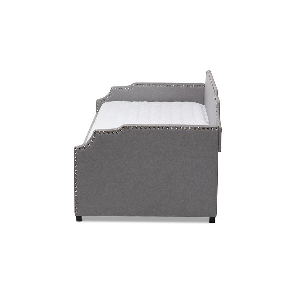 Grey Fabric Upholstered Twin Size Sofa Daybed with Roll Out Trundle Guest Bed. Picture 3