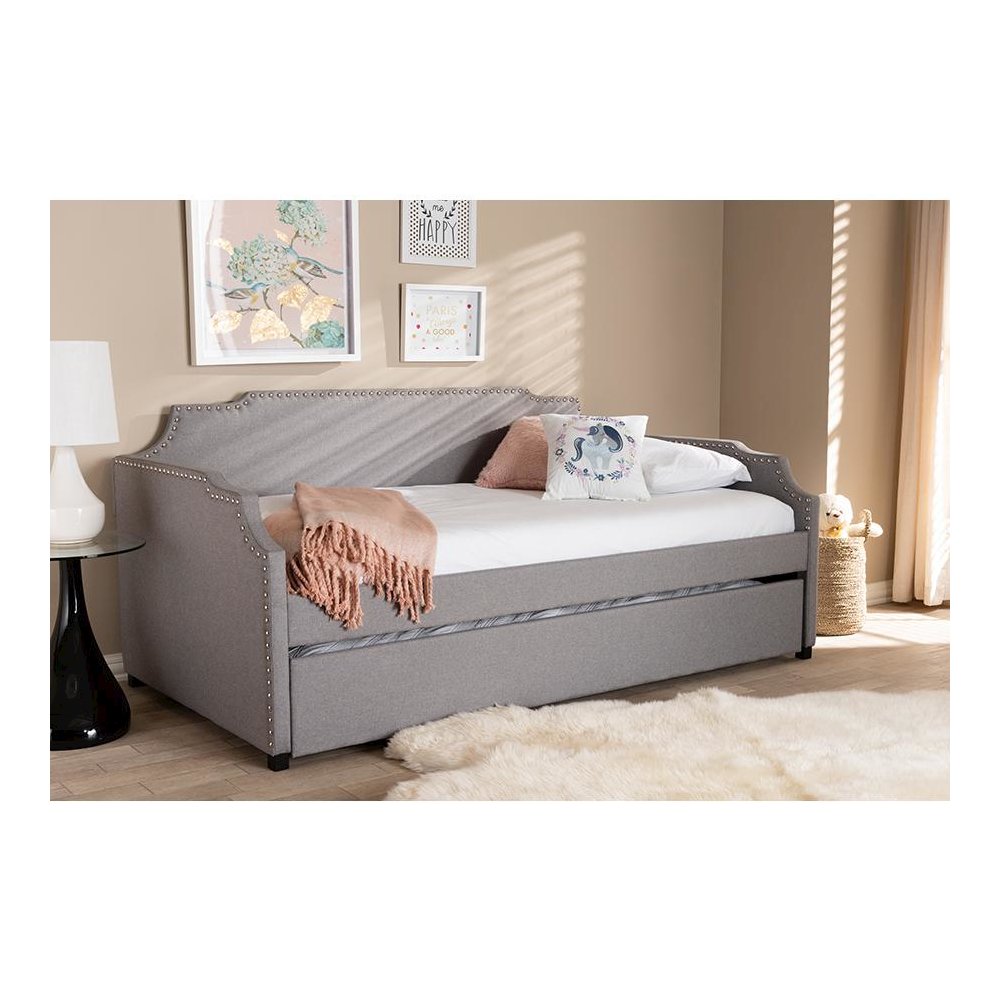 Grey Fabric Upholstered Twin Size Sofa Daybed with Roll Out Trundle Guest Bed. Picture 7