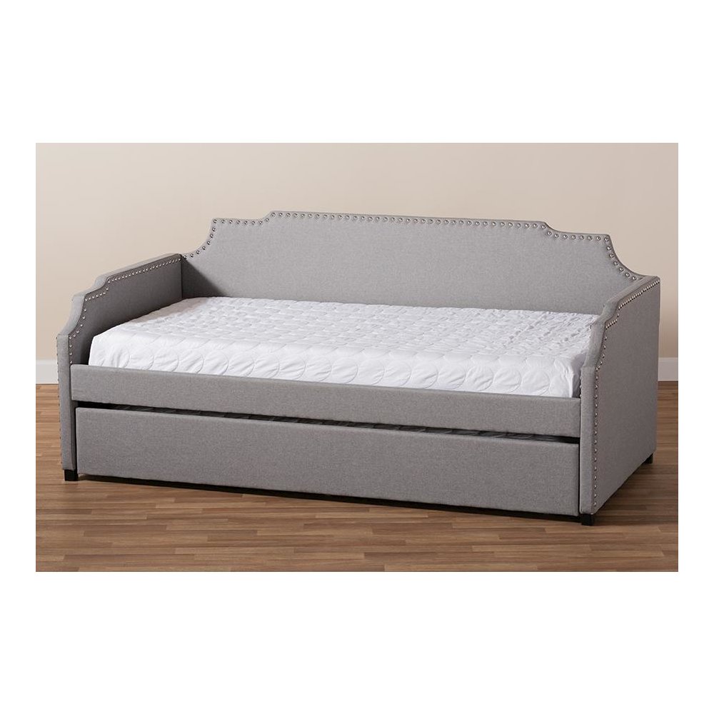 Grey Fabric Upholstered Twin Size Sofa Daybed with Roll Out Trundle Guest Bed. Picture 9