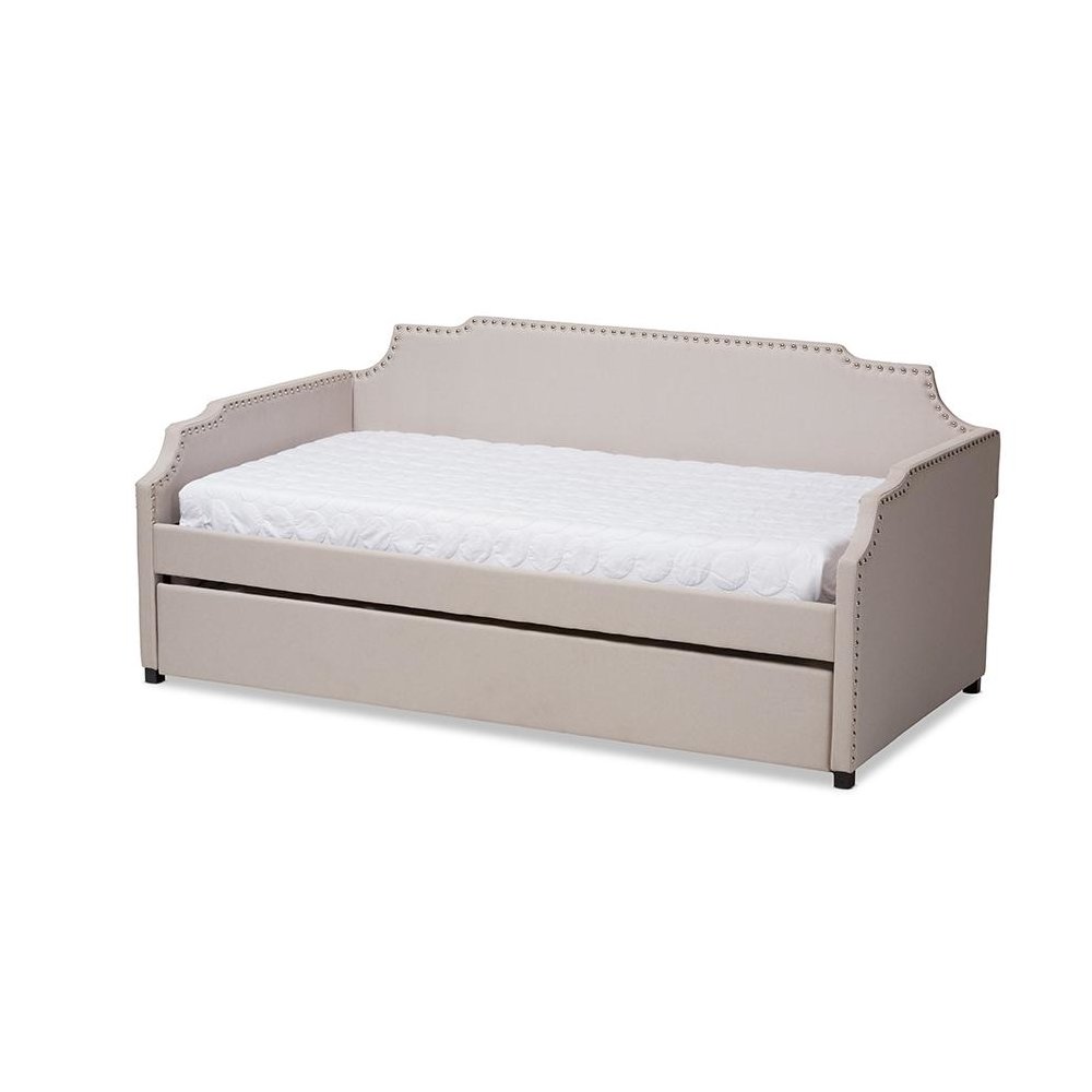 Beige Fabric Upholstered Twin Size Sofa Daybed with Roll Out Trundle Guest Bed. Picture 1