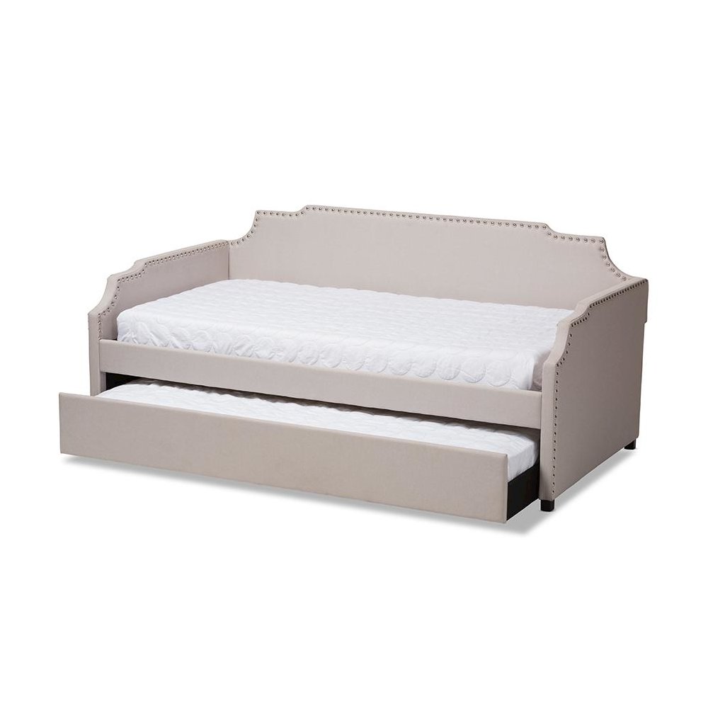 Beige Fabric Upholstered Twin Size Sofa Daybed with Roll Out Trundle Guest Bed. Picture 2