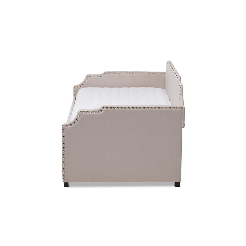 Beige Fabric Upholstered Twin Size Sofa Daybed with Roll Out Trundle Guest Bed. Picture 3