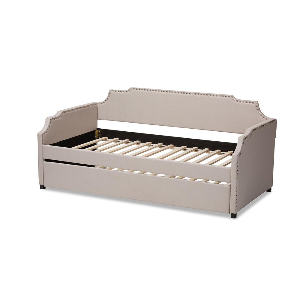 Beige Fabric Upholstered Twin Size Sofa Daybed with Roll Out Trundle Guest Bed. Picture 4