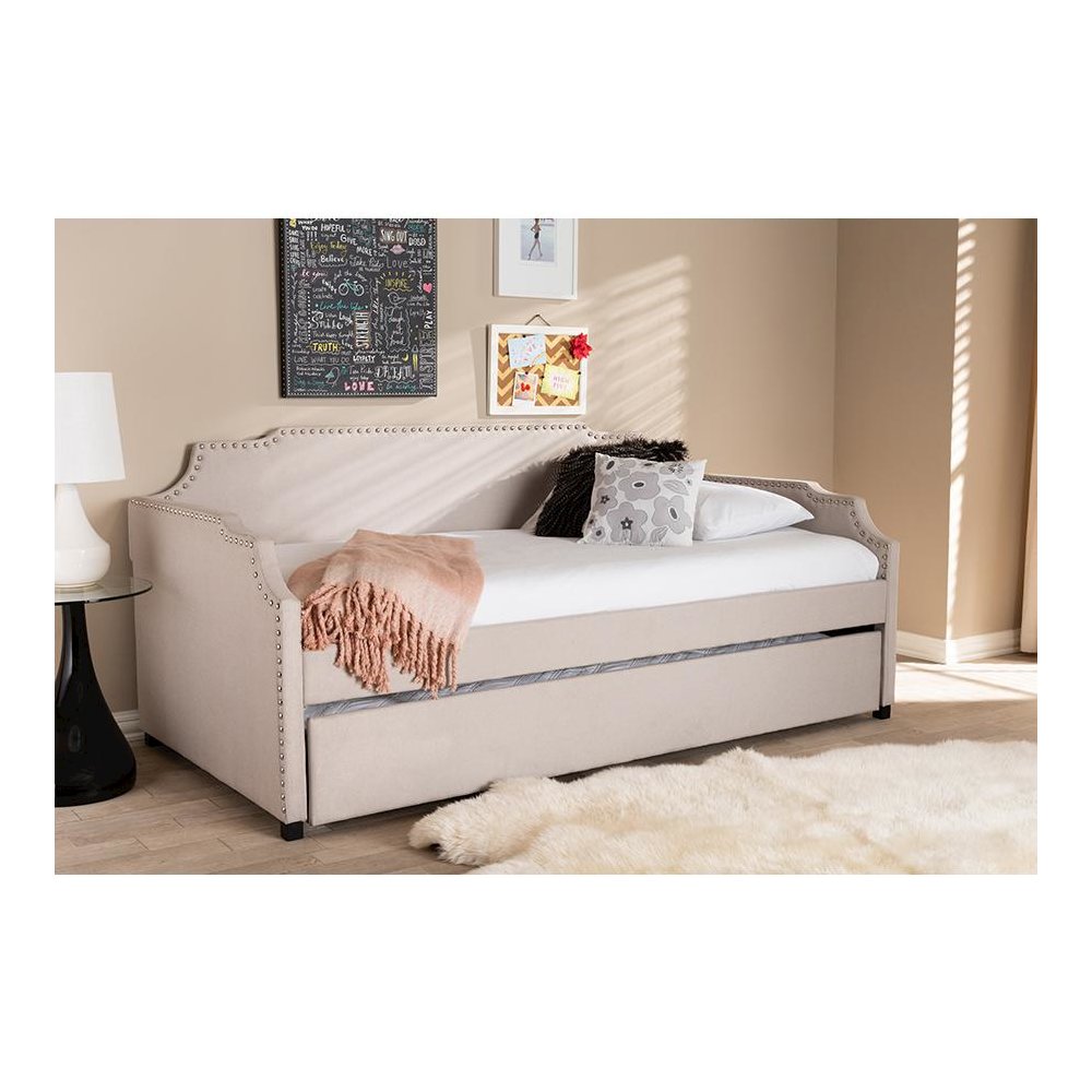Beige Fabric Upholstered Twin Size Sofa Daybed with Roll Out Trundle Guest Bed. Picture 7