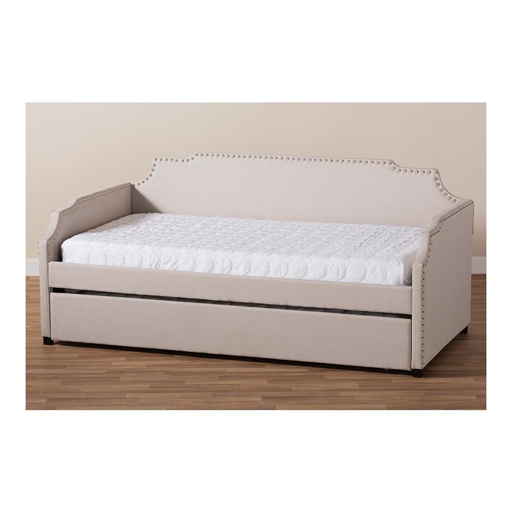 Beige Fabric Upholstered Twin Size Sofa Daybed with Roll Out Trundle Guest Bed. Picture 9