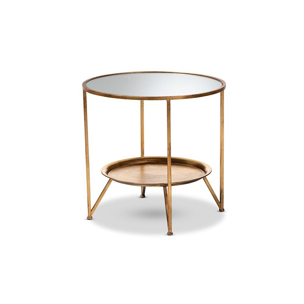 Antique Gold Finished Metal and Mirrored Glass Accent Table with Tray Shelf. Picture 1