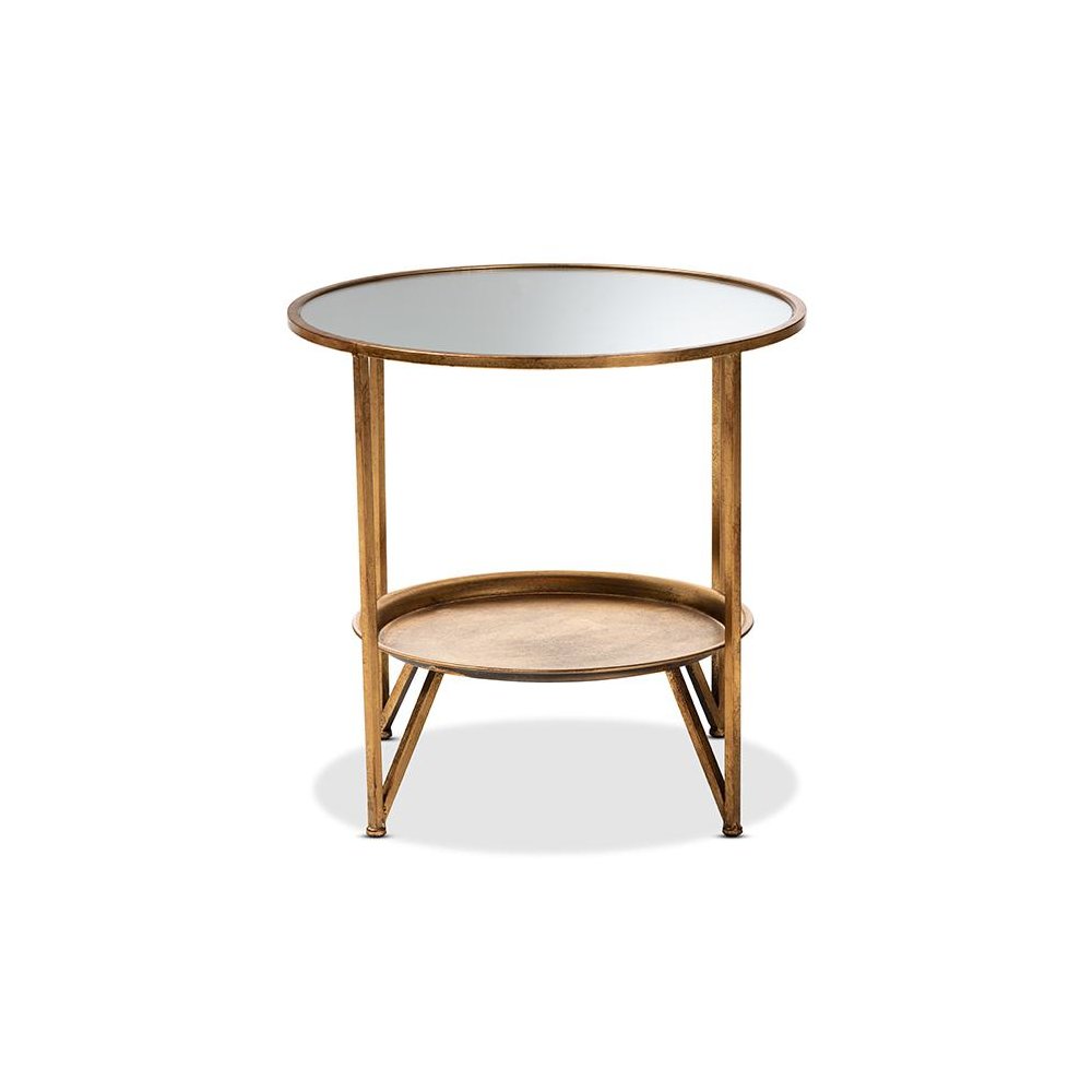 Antique Gold Finished Metal and Mirrored Glass Accent Table with Tray Shelf. Picture 2