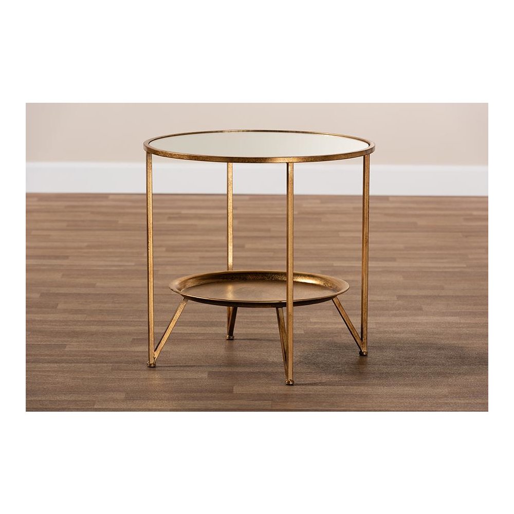 Antique Gold Finished Metal and Mirrored Glass Accent Table with Tray Shelf. Picture 5