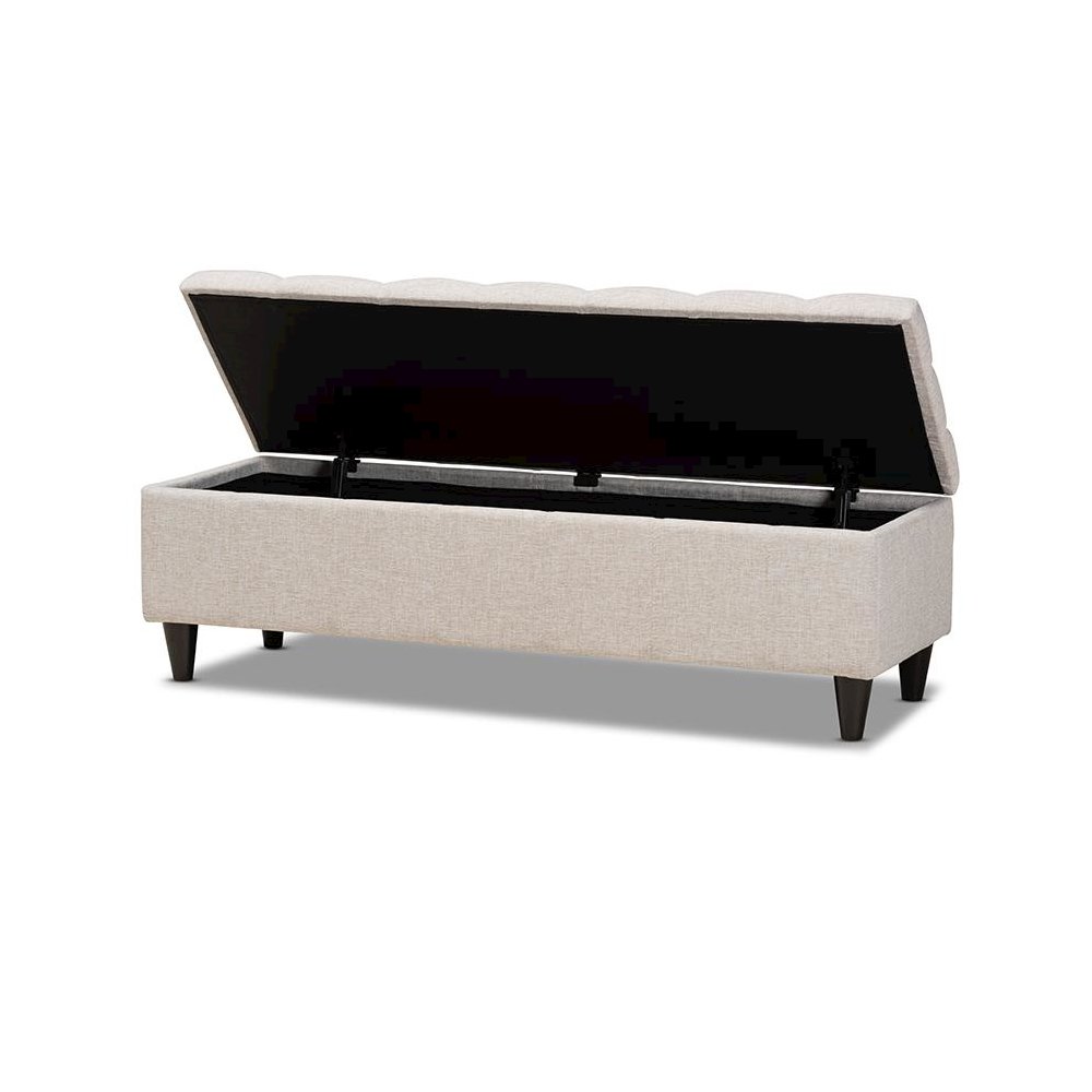 Light Blue Fabric Upholstered Dark Brown Finished Wood Storage Bench Ottoman. Picture 2