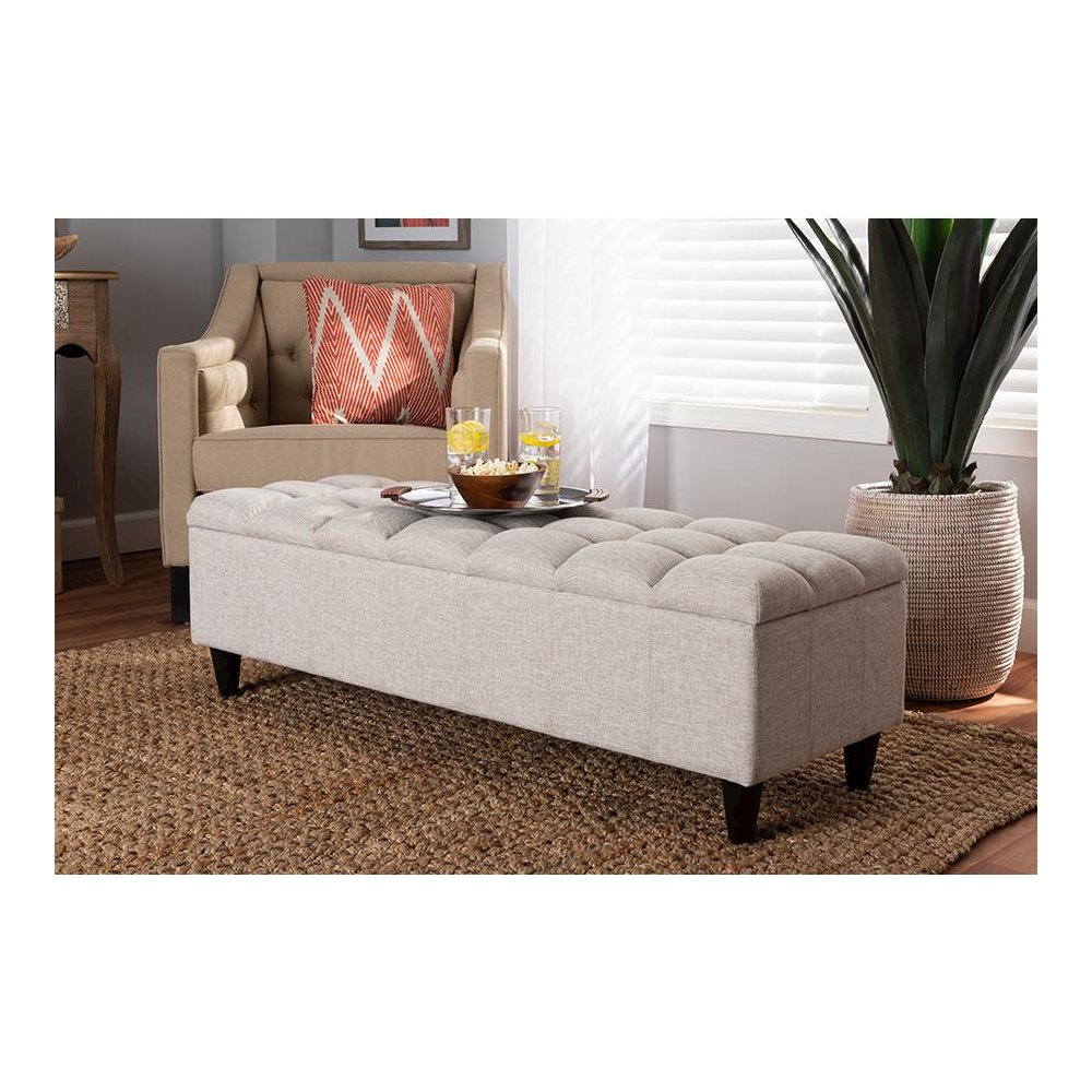 Light Blue Fabric Upholstered Dark Brown Finished Wood Storage Bench Ottoman. Picture 7