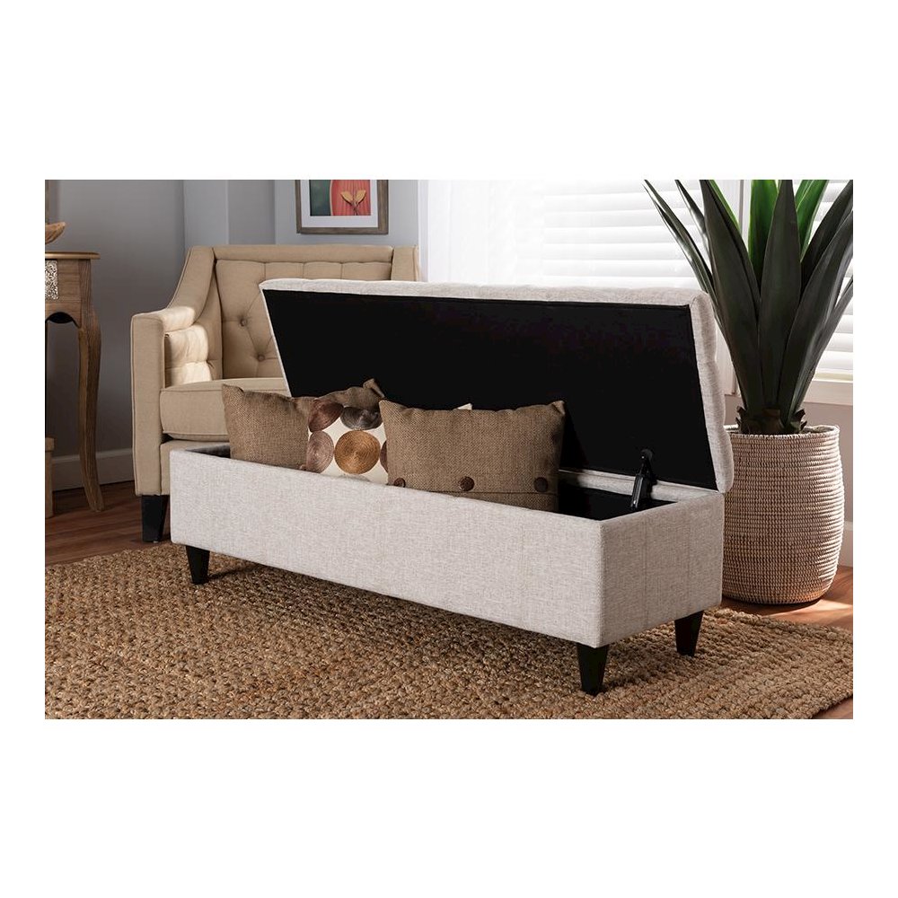 Light Blue Fabric Upholstered Dark Brown Finished Wood Storage Bench Ottoman. Picture 8
