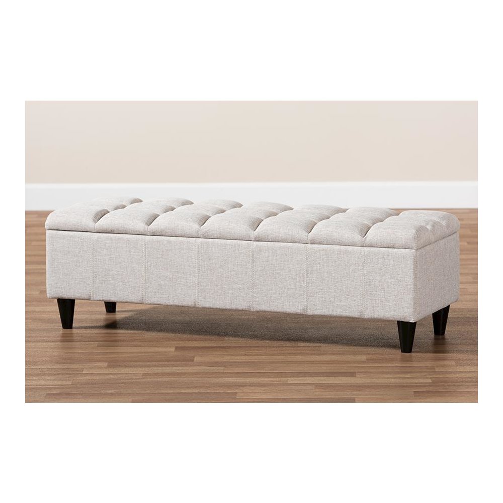 Light Blue Fabric Upholstered Dark Brown Finished Wood Storage Bench Ottoman. Picture 9