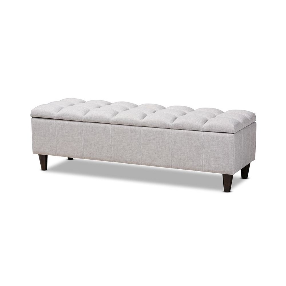 Grayish Beige Fabric Upholstered Dark Brown Finished Wood Storage Bench Ottoman. Picture 1