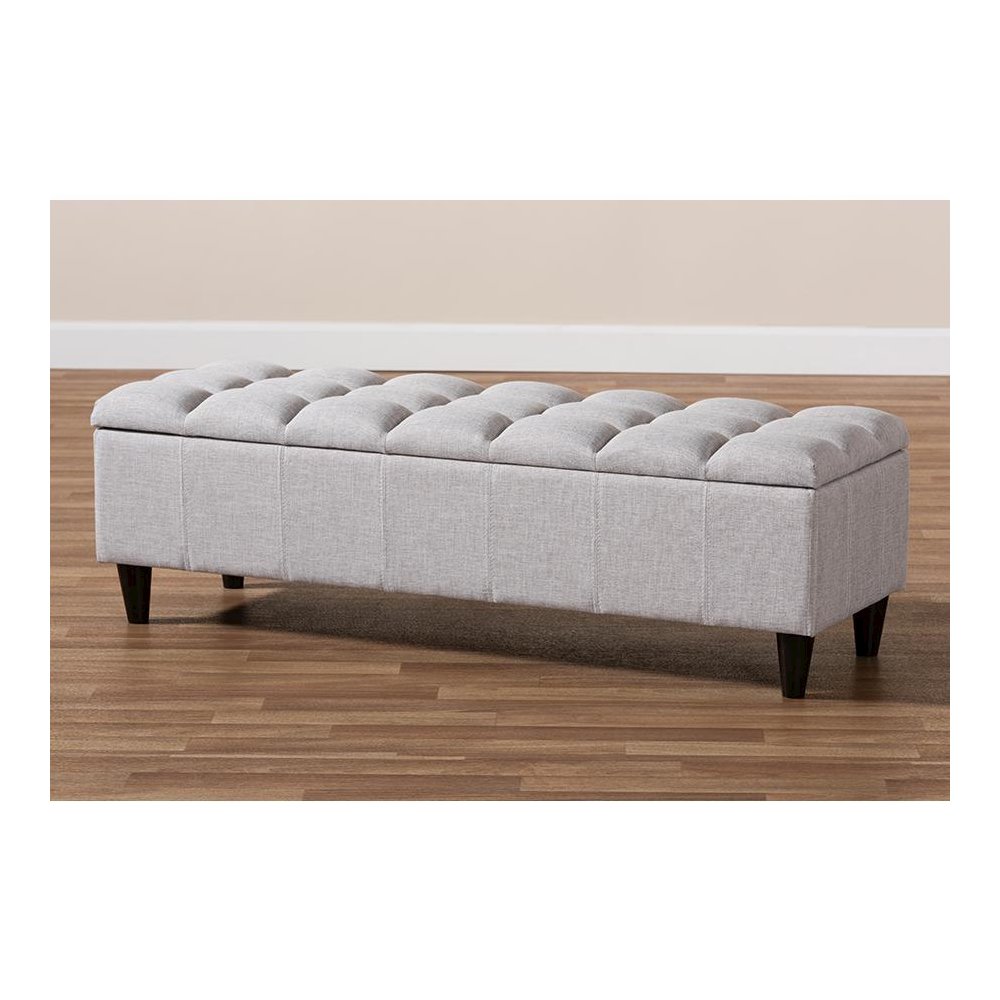Grayish Beige Fabric Upholstered Dark Brown Finished Wood Storage Bench Ottoman. Picture 10