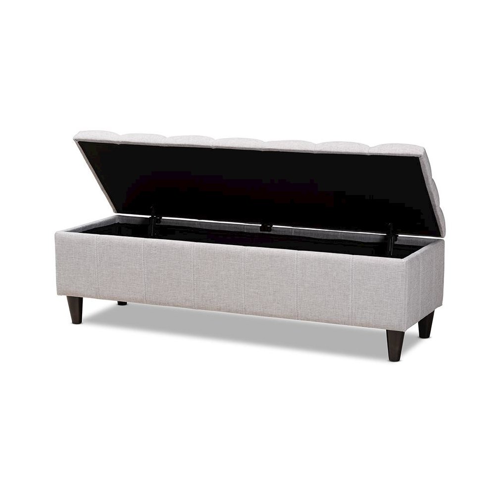 Grayish Beige Fabric Upholstered Dark Brown Finished Wood Storage Bench Ottoman. Picture 2
