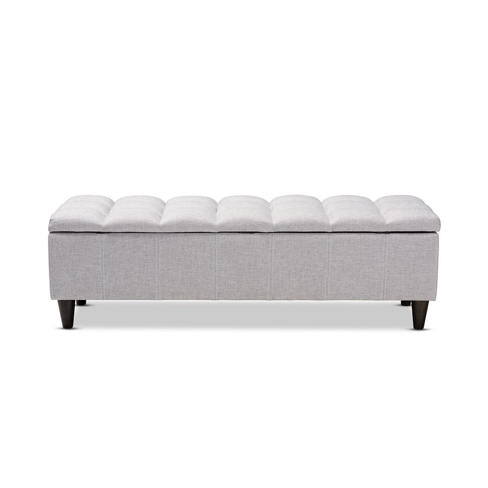 Grayish Beige Fabric Upholstered Dark Brown Finished Wood Storage Bench Ottoman. Picture 5