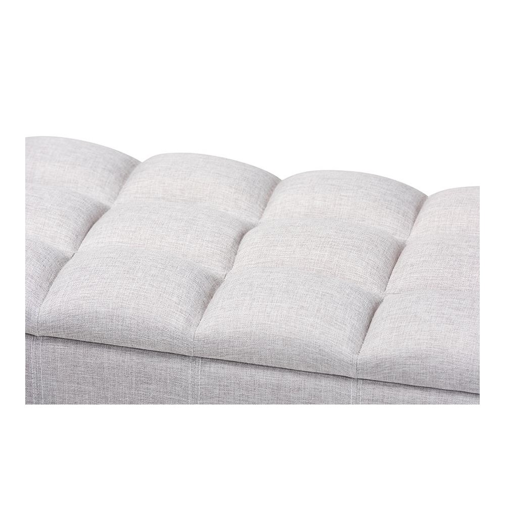 Grayish Beige Fabric Upholstered Dark Brown Finished Wood Storage Bench Ottoman. Picture 6
