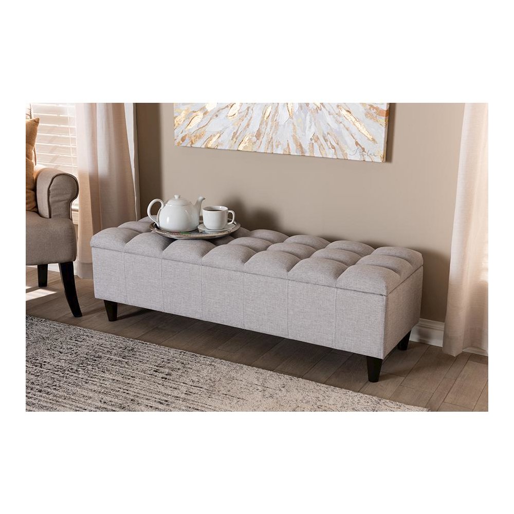 Grayish Beige Fabric Upholstered Dark Brown Finished Wood Storage Bench Ottoman. Picture 8