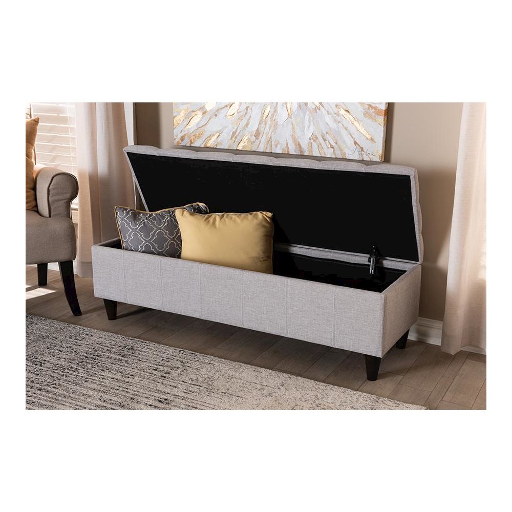 Grayish Beige Fabric Upholstered Dark Brown Finished Wood Storage Bench Ottoman. Picture 9