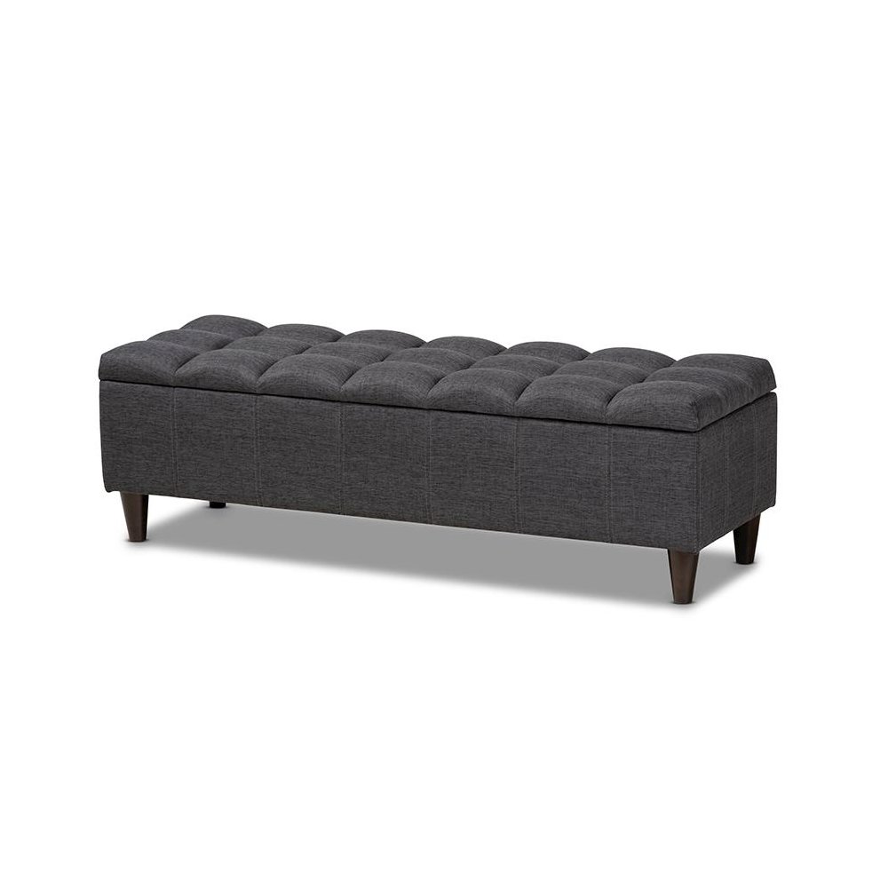 Charcoal Fabric Upholstered Dark Brown Finished Wood Storage Bench Ottoman. Picture 1