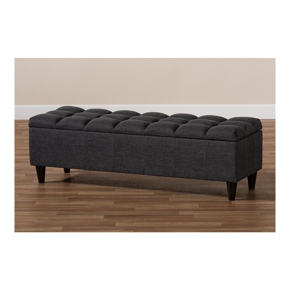Charcoal Fabric Upholstered Dark Brown Finished Wood Storage Bench Ottoman. Picture 10