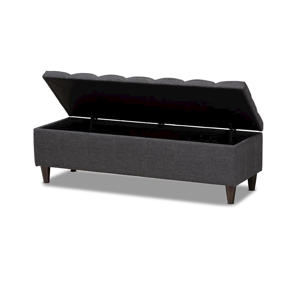 Charcoal Fabric Upholstered Dark Brown Finished Wood Storage Bench Ottoman. Picture 2