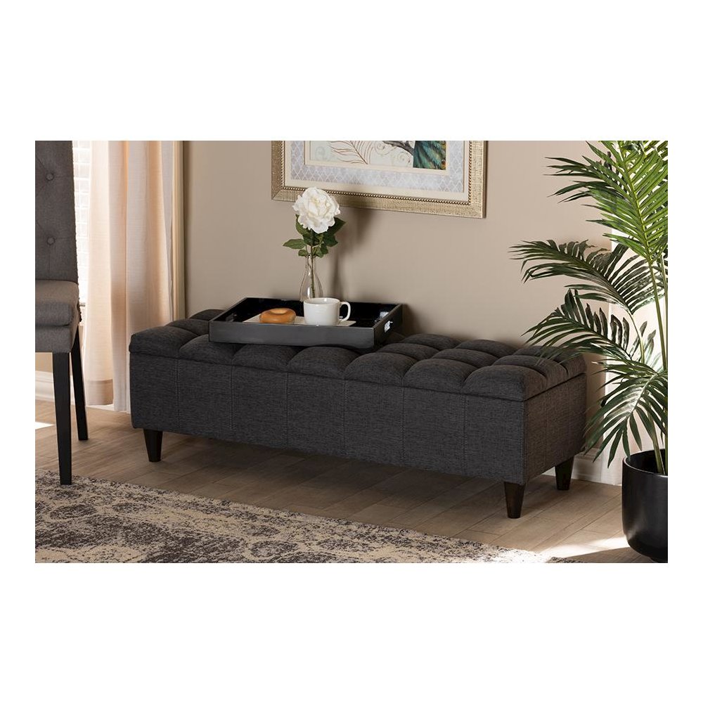 Charcoal Fabric Upholstered Dark Brown Finished Wood Storage Bench Ottoman. Picture 8