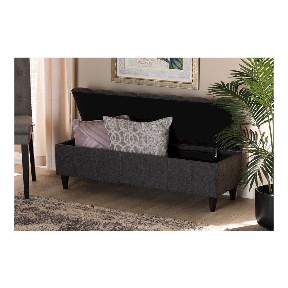 Charcoal Fabric Upholstered Dark Brown Finished Wood Storage Bench Ottoman. Picture 9