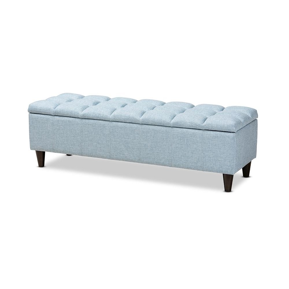 Light Blue Fabric Upholstered Dark Brown Finished Wood Storage Bench Ottoman. Picture 1