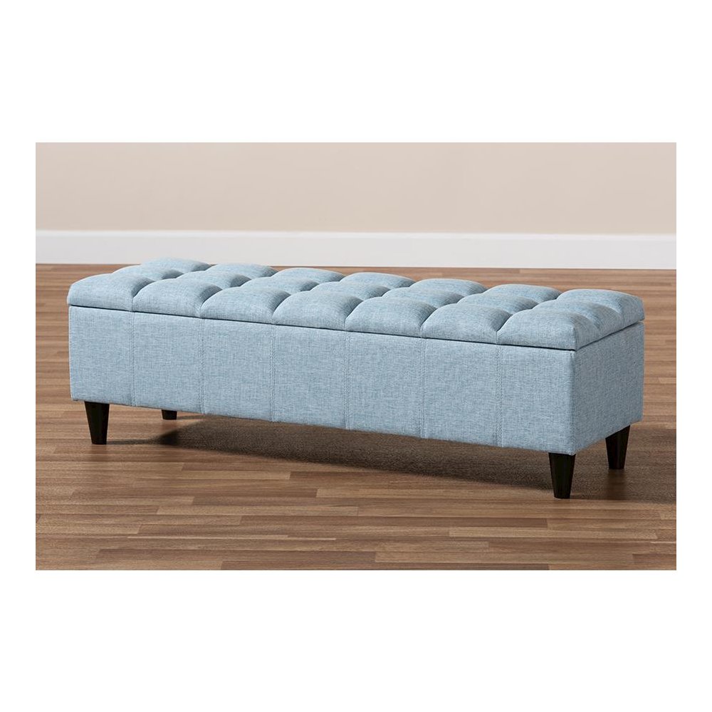 Light Blue Fabric Upholstered Dark Brown Finished Wood Storage Bench Ottoman. Picture 10