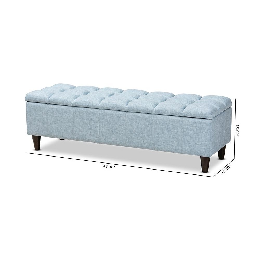 Light Blue Fabric Upholstered Dark Brown Finished Wood Storage Bench Ottoman. Picture 11