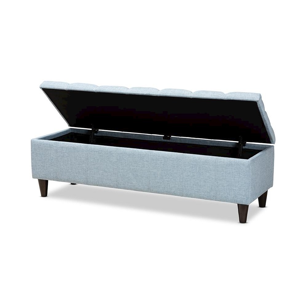 Light Blue Fabric Upholstered Dark Brown Finished Wood Storage Bench Ottoman. Picture 2