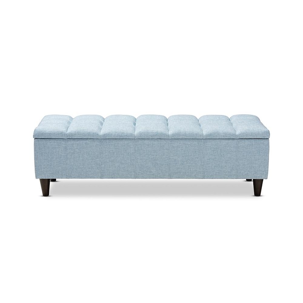 Light Blue Fabric Upholstered Dark Brown Finished Wood Storage Bench Ottoman. Picture 3