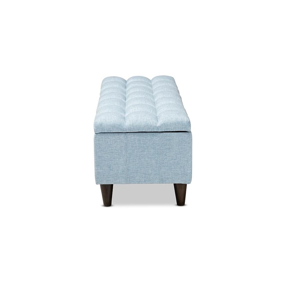 Light Blue Fabric Upholstered Dark Brown Finished Wood Storage Bench Ottoman. Picture 4