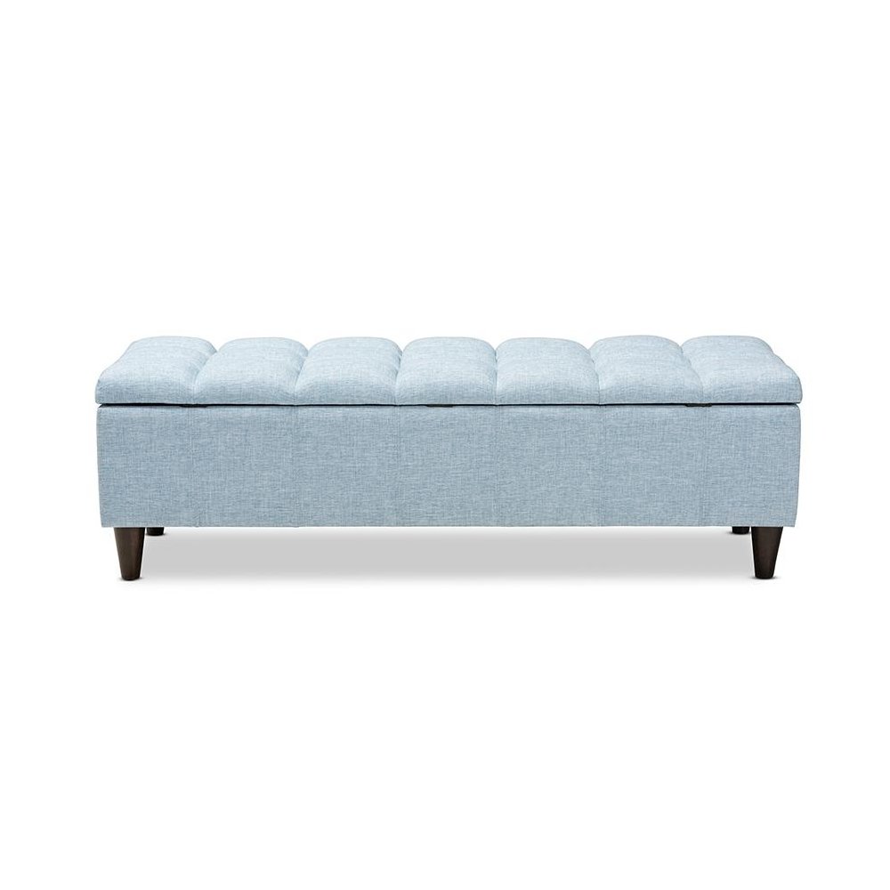 Light Blue Fabric Upholstered Dark Brown Finished Wood Storage Bench Ottoman. Picture 5